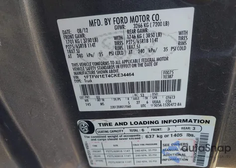 2012 Ford F-150 Xlt из США, поврежденный, VIN 1FTFW1ET4CKE34464